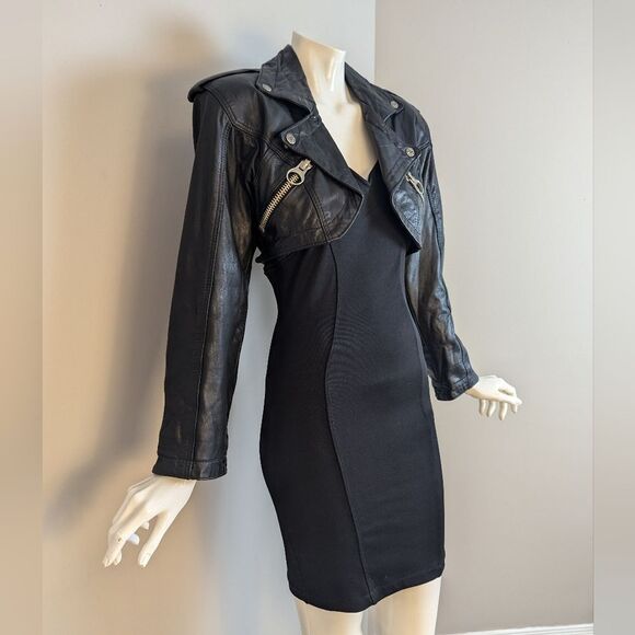 RARE Naked Angels Parasuco Black Bodycon Dress w/ Zip-Off Leather Moto Jacket S/ - Picture 1 of 15